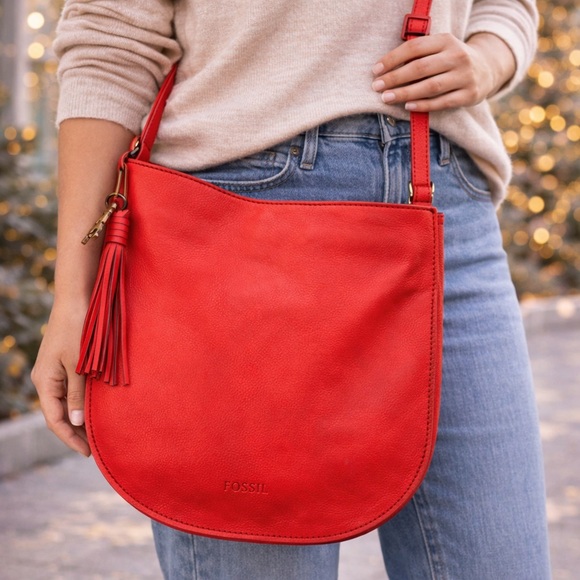 Fossil Handbags - Fossil Chili Red Leather Saddle Bag